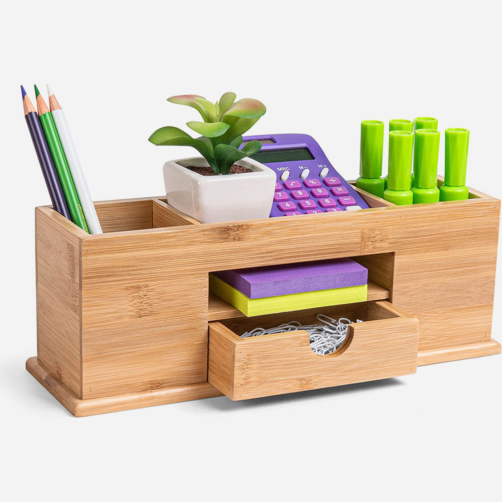 Missionmax Small Bamboo Caddy Desk Organizer and Storage with Drawer and Compartments for