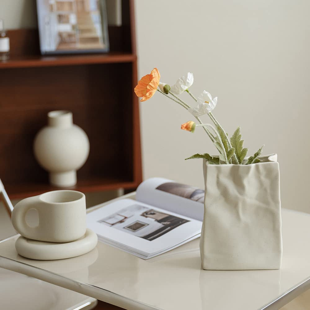 Crinkle Paper Bag Shaped Ceramic Vase