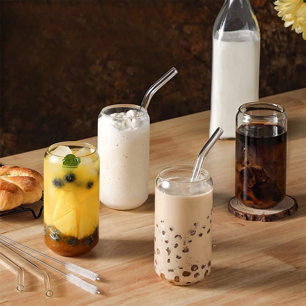 Can Shaped Glasses with Glass Straws 4Pcs Set