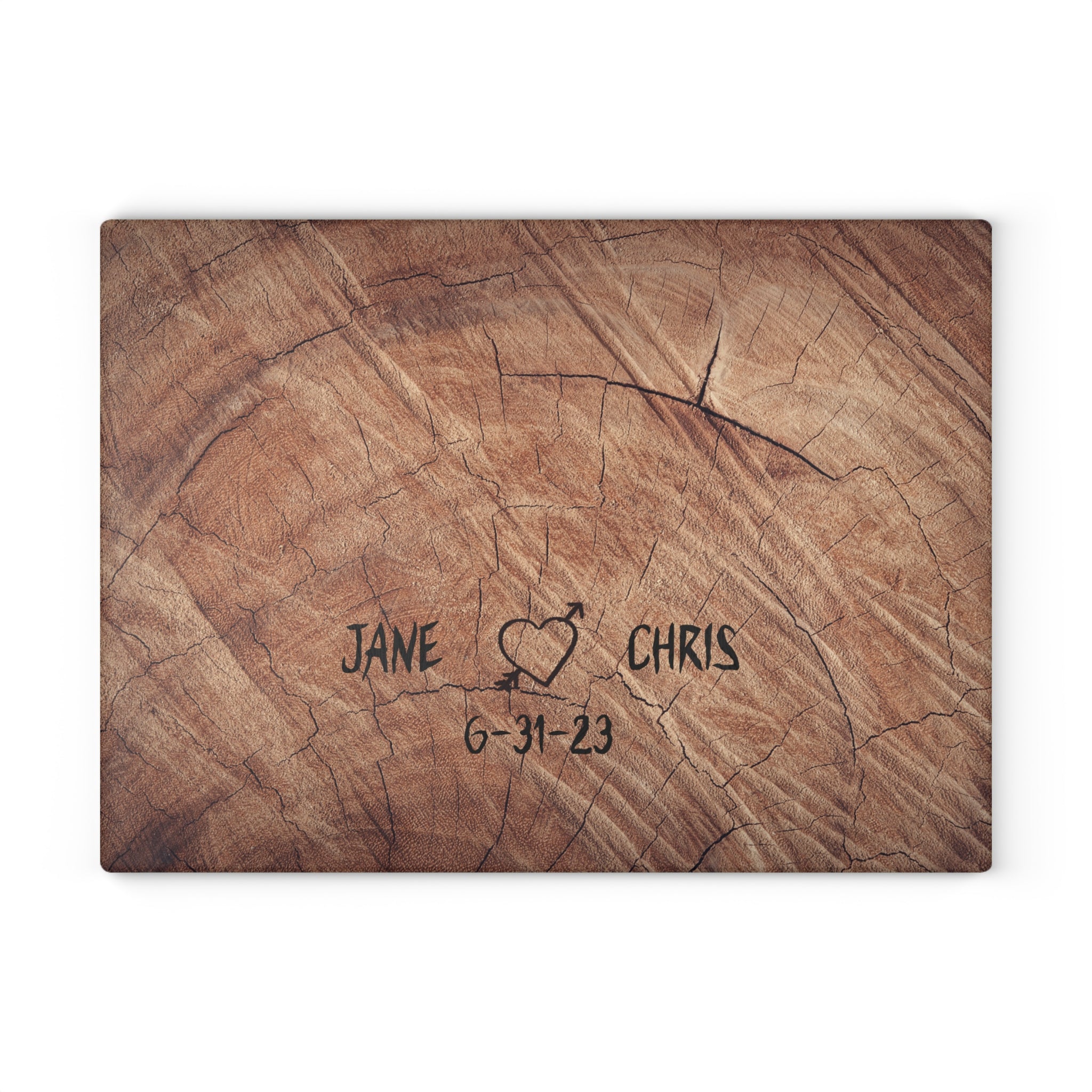 Heart Carved in Tree Personalized Glass Cutting Board