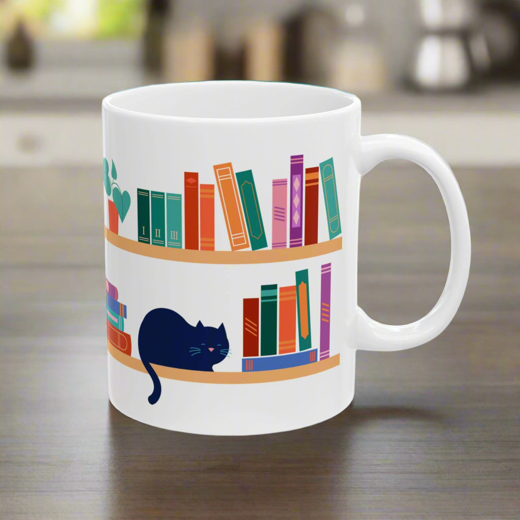 Cat on Bookshelf Coffee Mug