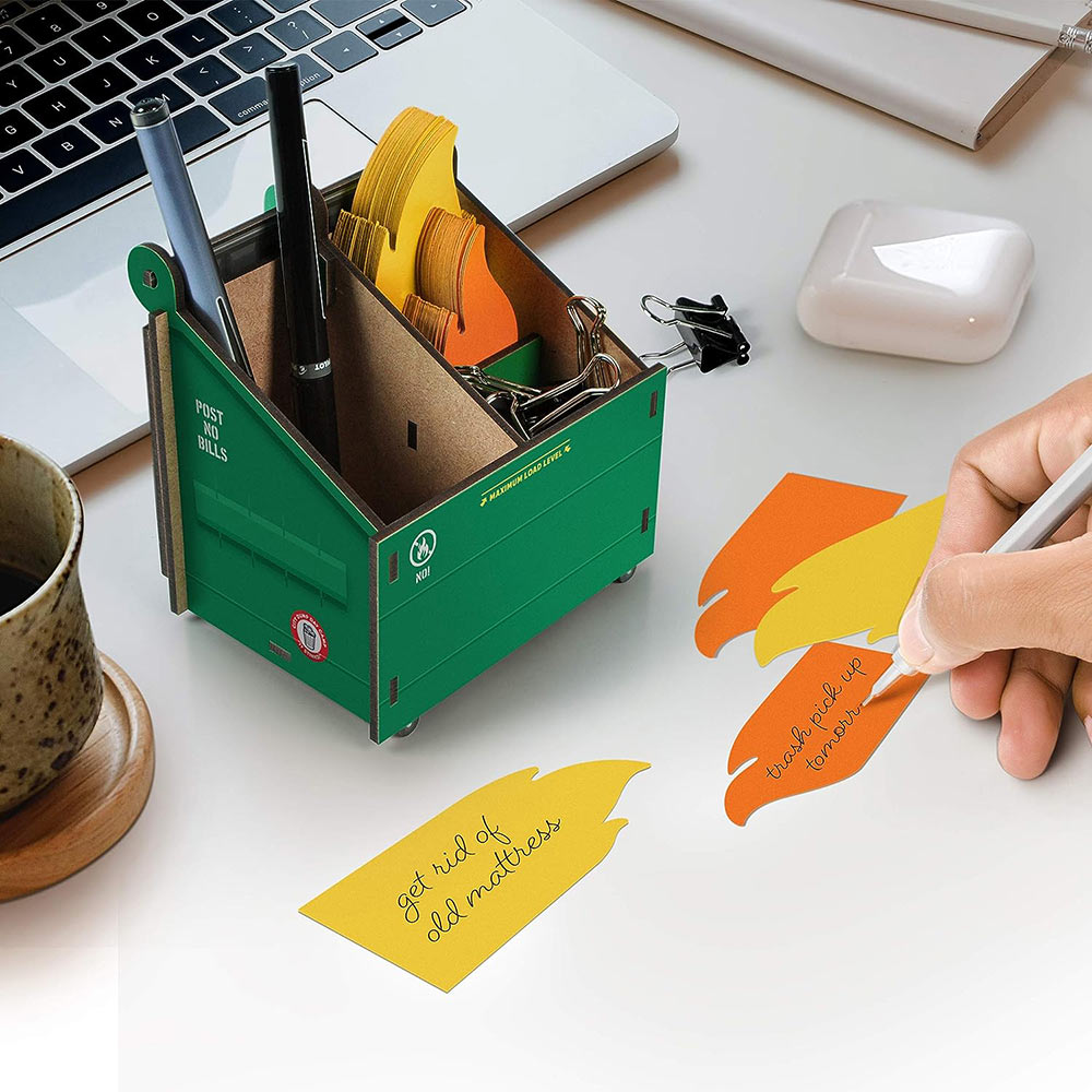 Desk Dumpster Pencil Holder with Flame Note Cards