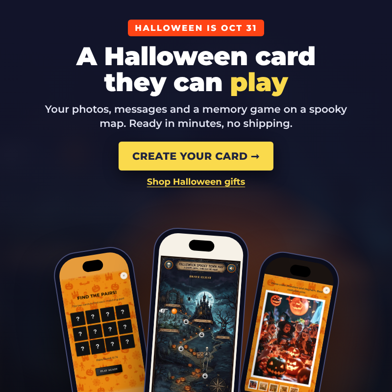 A Halloween card they can play: your photos, messages and a memory game on a spooky map