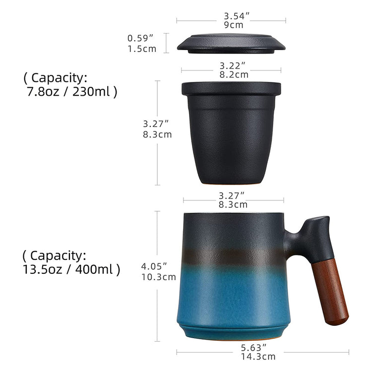 Ceramic Tea Cup With Infuser and Lid - Black & Blue