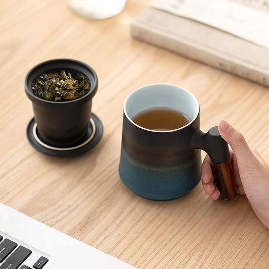 Ceramic Tea Cup With Infuser and Lid - Black & Blue
