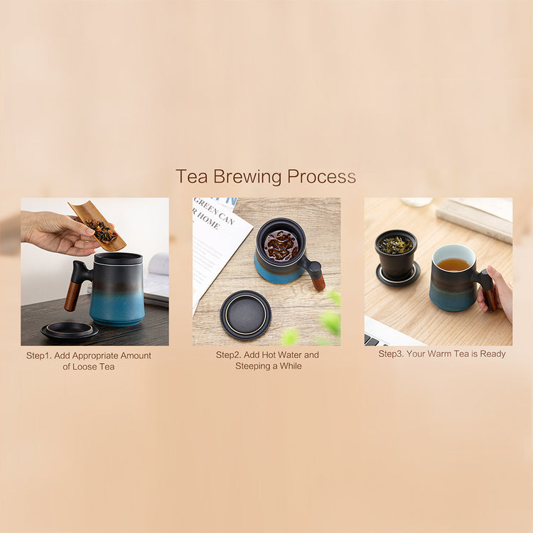 Ceramic Tea Cup With Infuser and Lid - Black & Blue