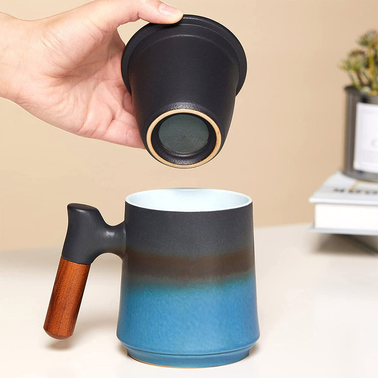 Ceramic Tea Cup With Infuser and Lid - Black & Blue