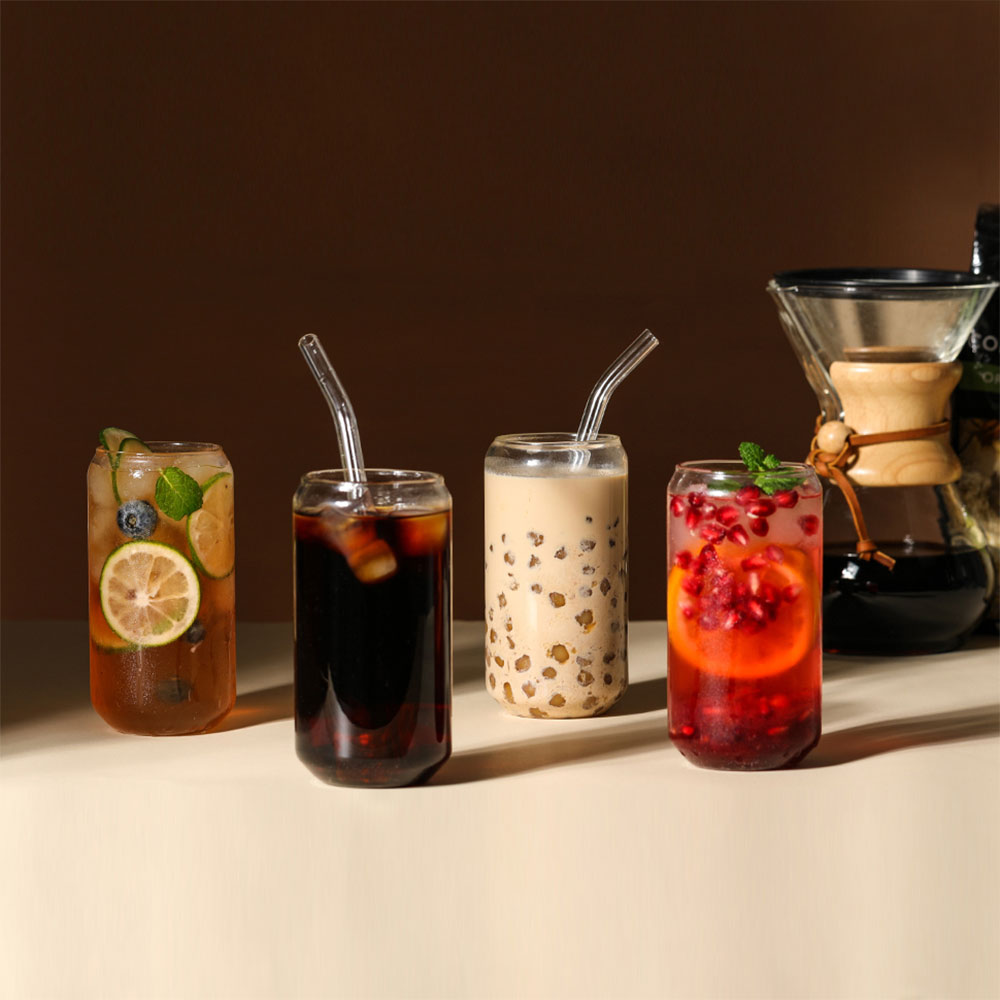 4Pcs Set Drinking Glass Straw Cup Reusable Beer Can Shape Tea