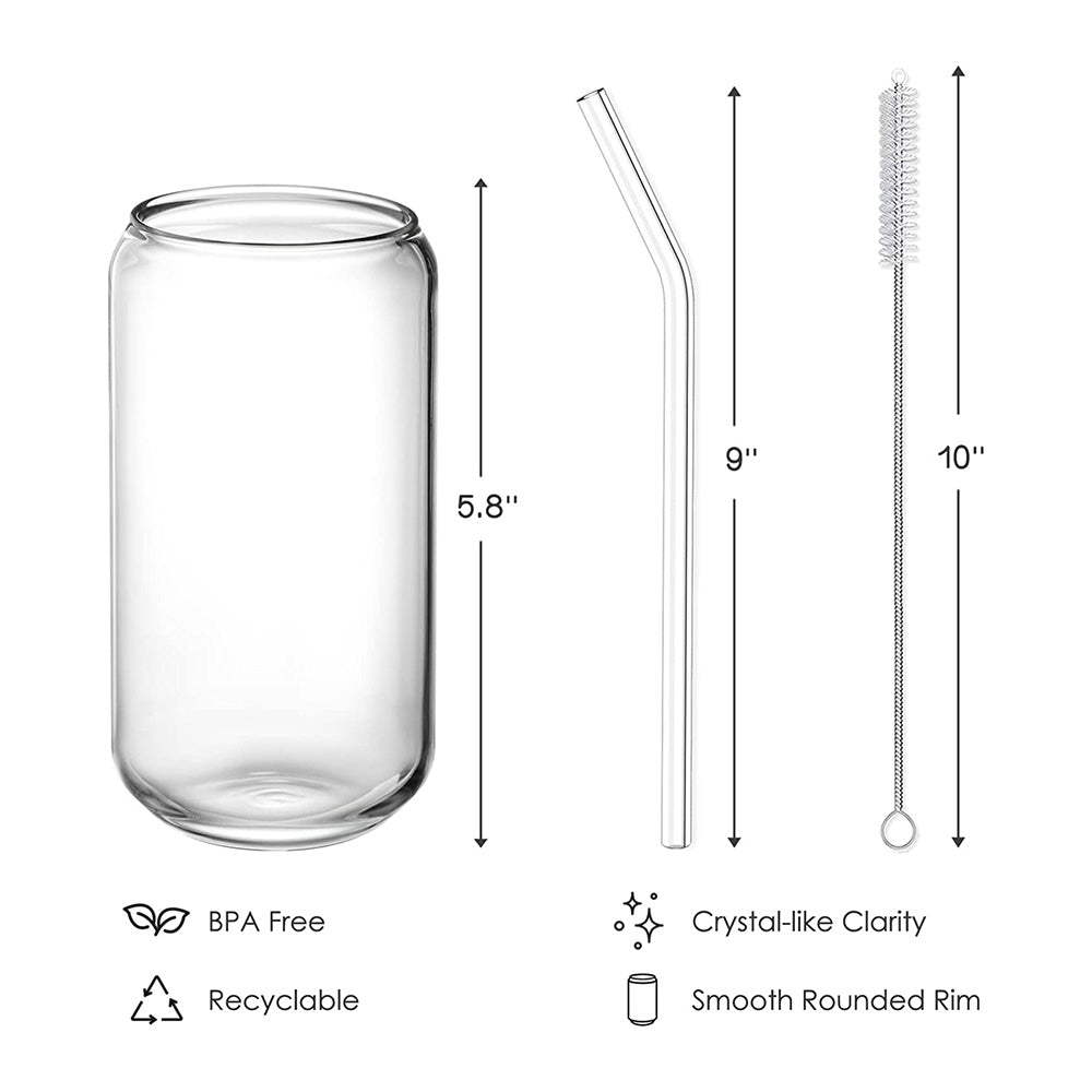 4pcs Clear Glass Cup With Straw & Lid Set