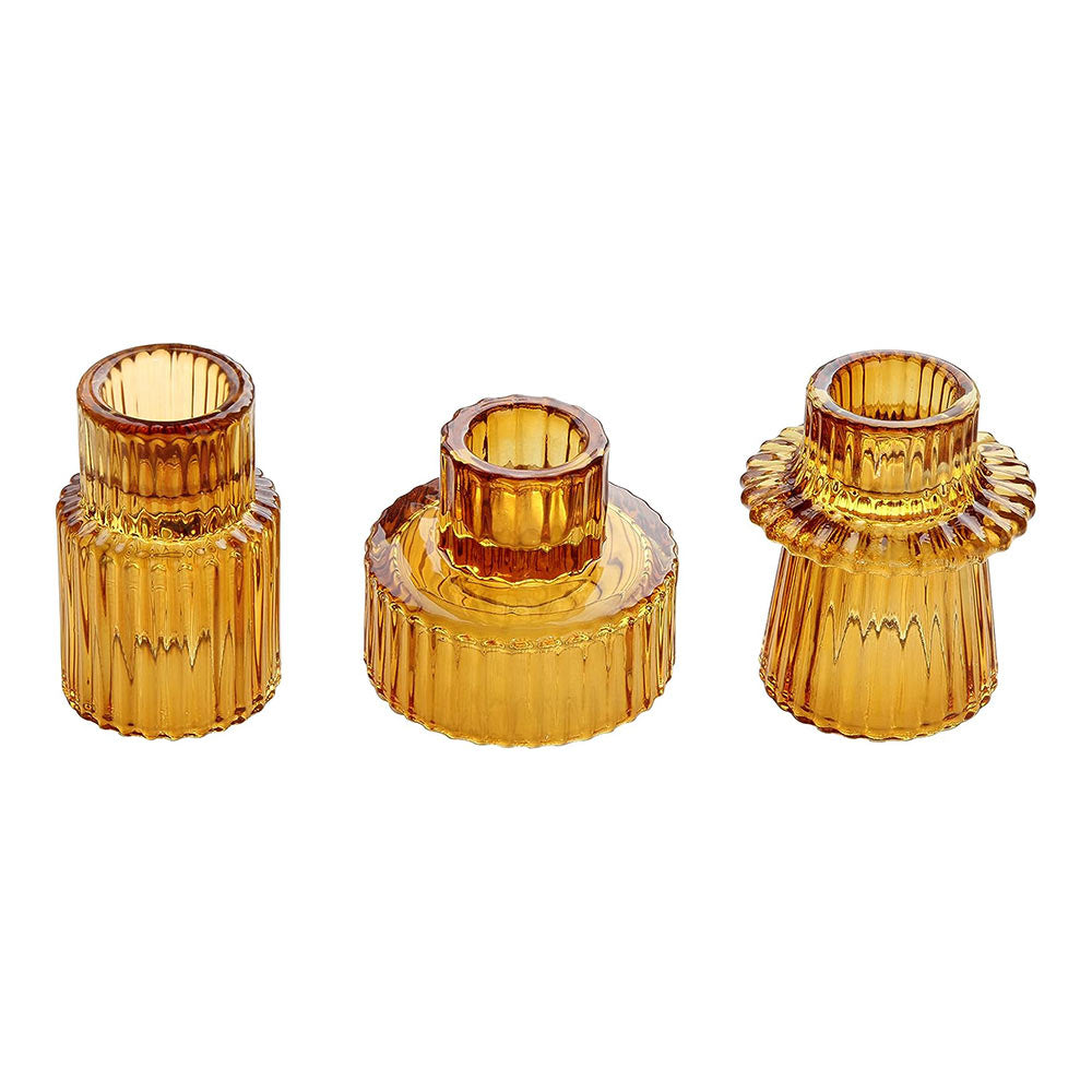 Amber Glass Candlestick Holders 3 Pcs