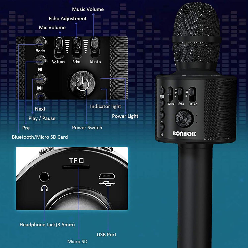 Bonaok Wireless Bluetooth Karaoke Microphone, 3-in-1 Portable Handheld Mic